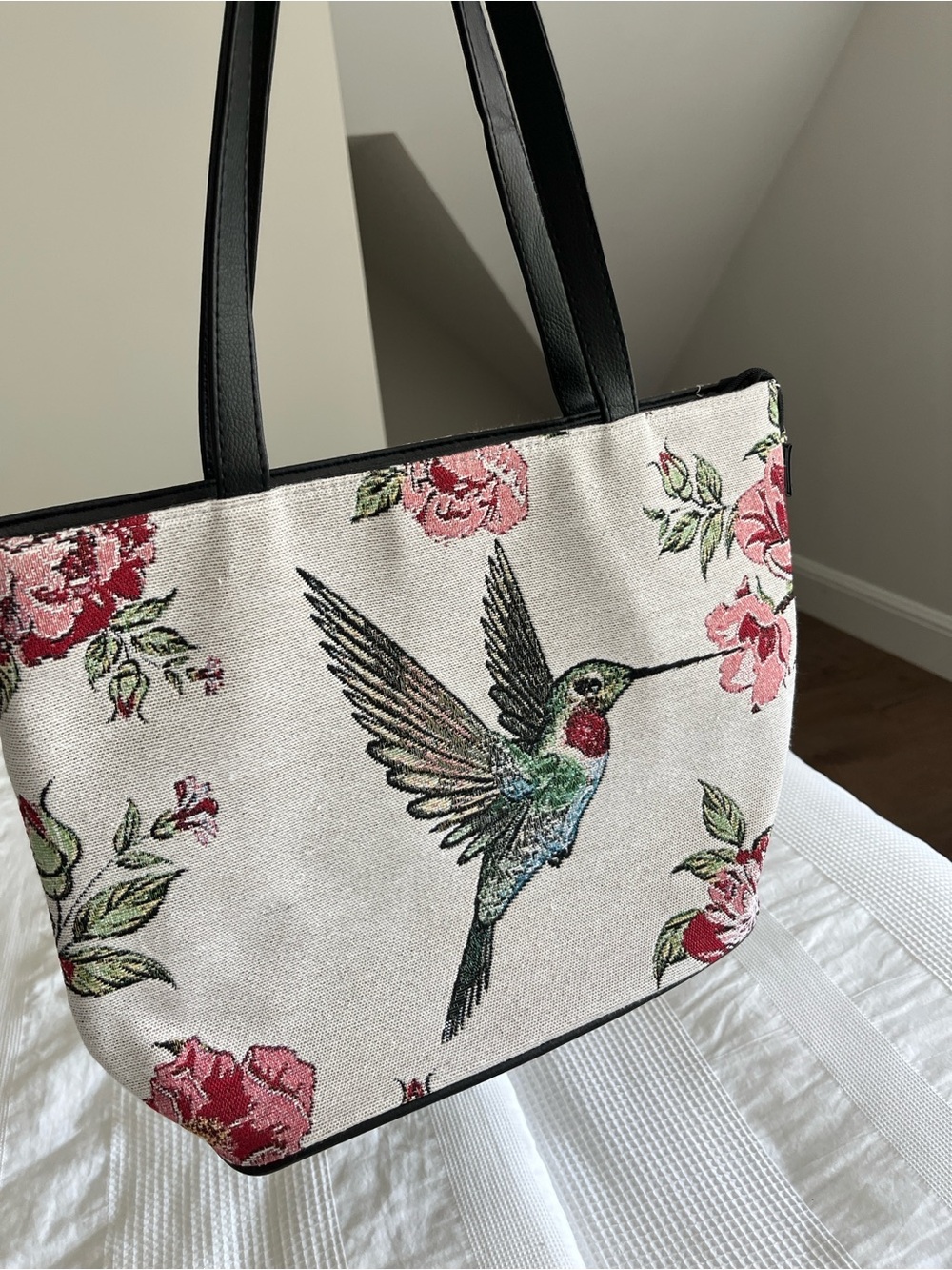 Floral Hummingbird Tapestry Tote Bag - Pink & Cream